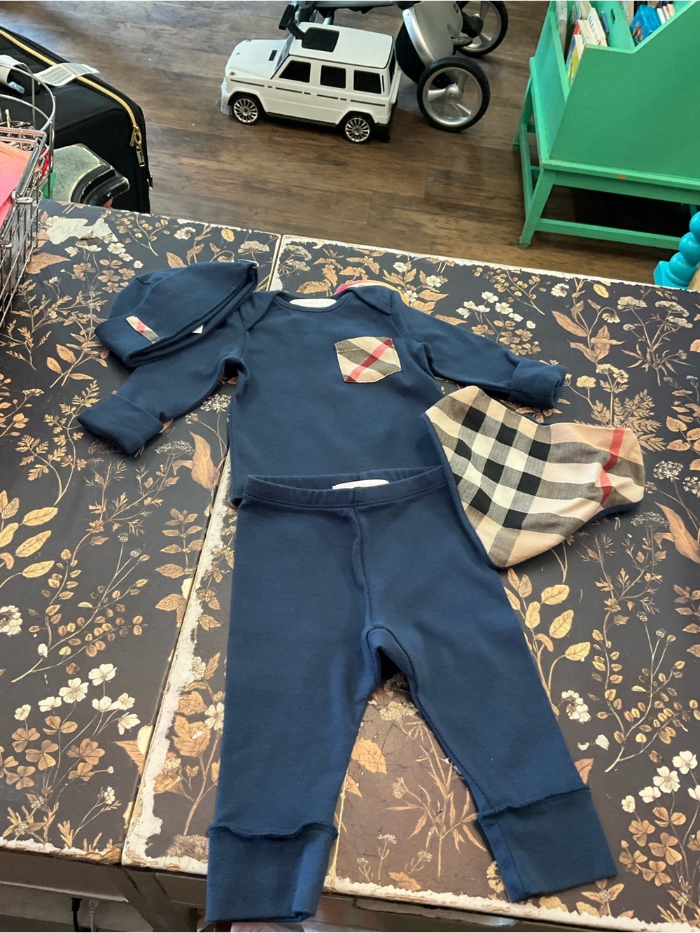 Burberry Navy Baby Four-Piece Set with Plaid Accents